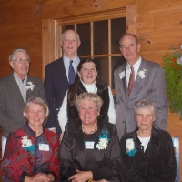 Some of the members of the original Board of Trustees gathered at the Holiday Party to kick off the 25th Anniversary of the land trust.  (Front L-R, Jan Kidder, Heidi Lauridsen, Sue Clough; Back, John Clough, Woody Blunt, Debbie Stanley and Bill Berger)