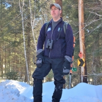 Sheridan Brown, Grantham Project Coordinator, readies for the Sawyer Brook Headwaters snowshoe/hike.